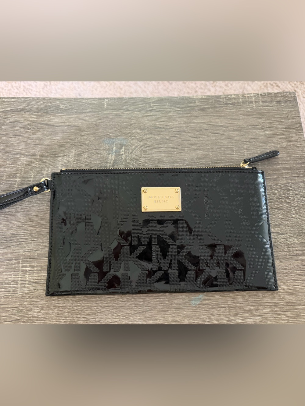 Michael Kors Black Patent Logo-Embossed Wristlet Clutch with Gold Plate